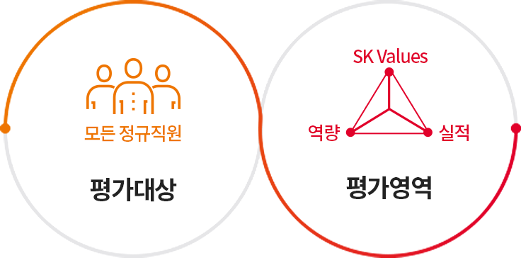 평가대상(모든 정규직원), 평가영역(역량, SK Values, 실적)